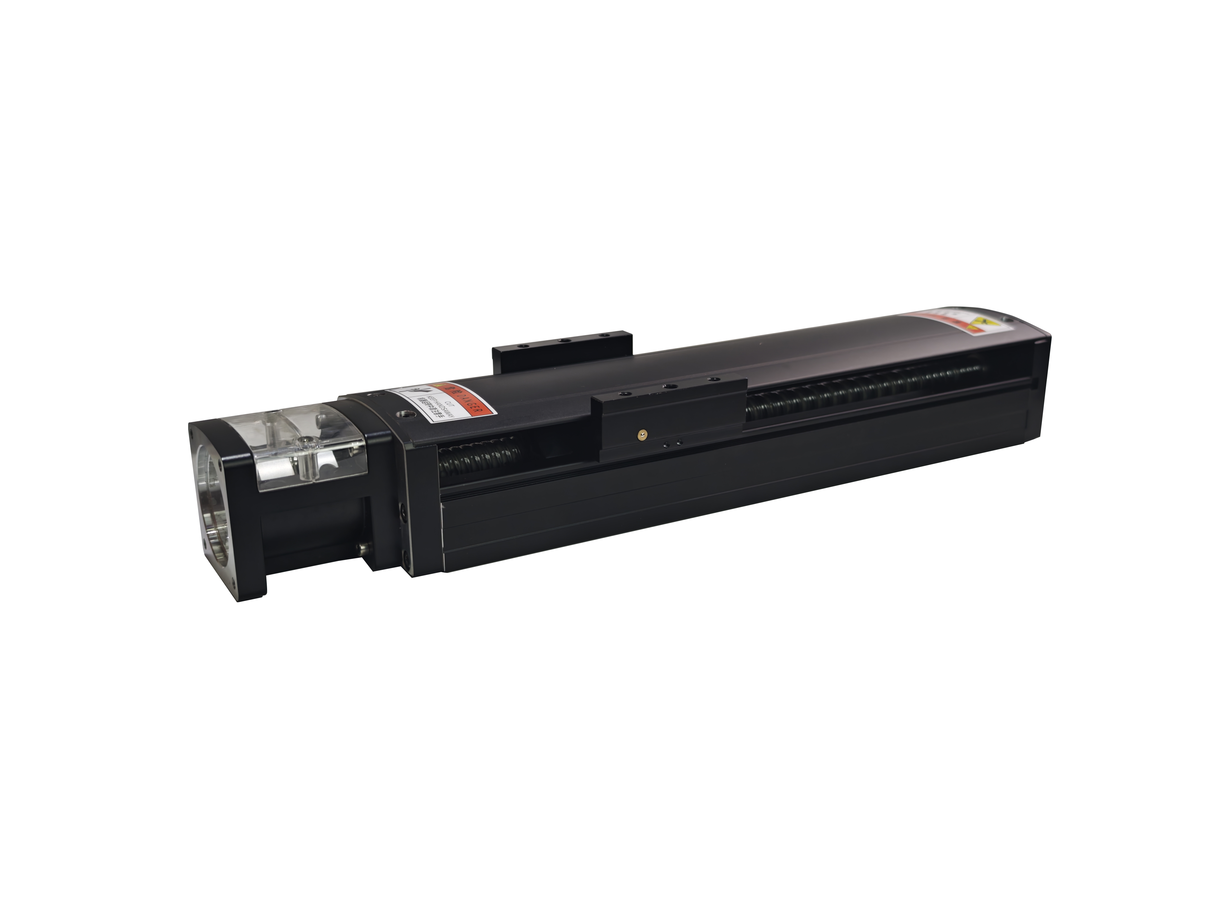 精密型直线模组产品细节,白色防护罩,精密丝杠传动机构,高分辨率编码器安装位置